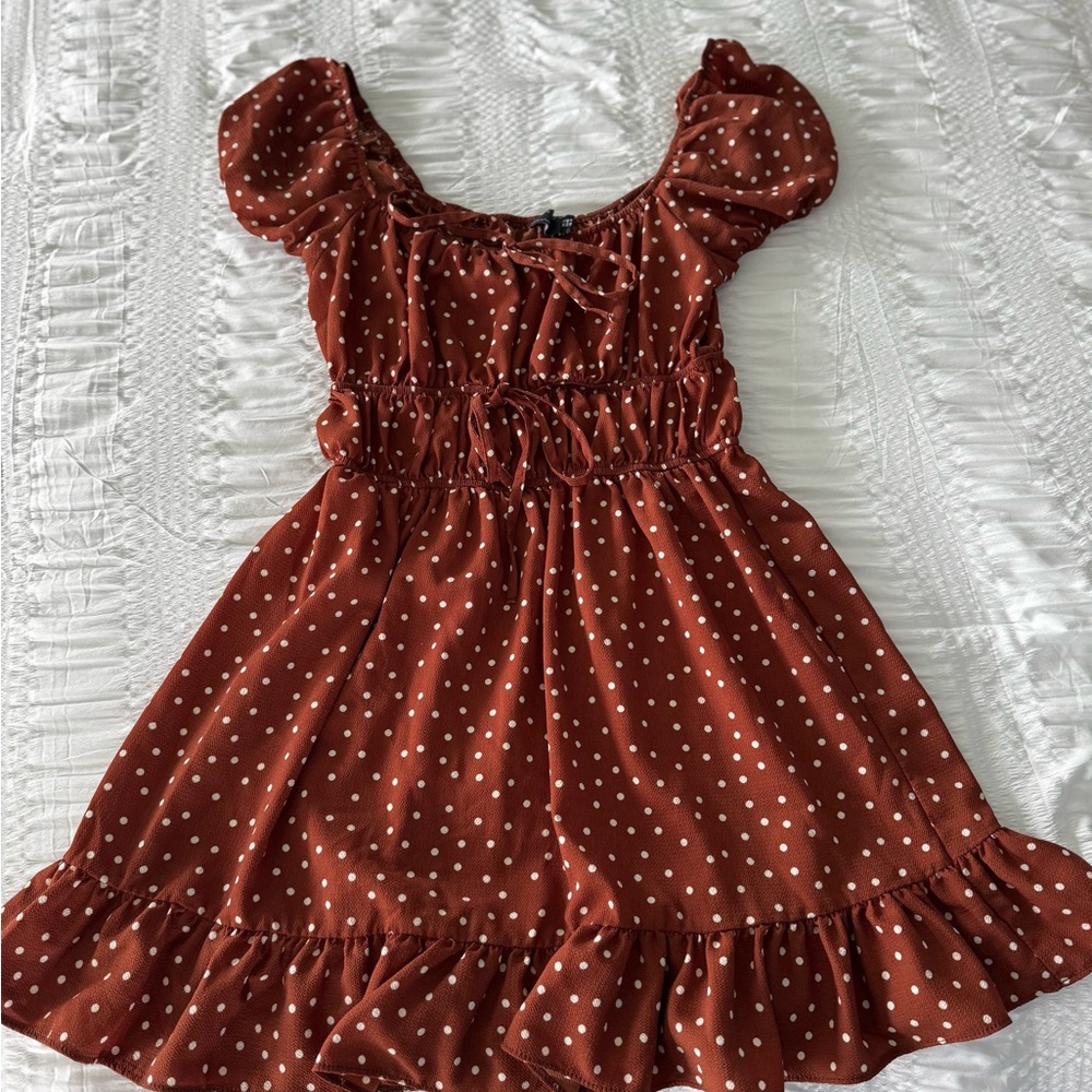 Rust Polka Dot Puff-Sleeve Dress